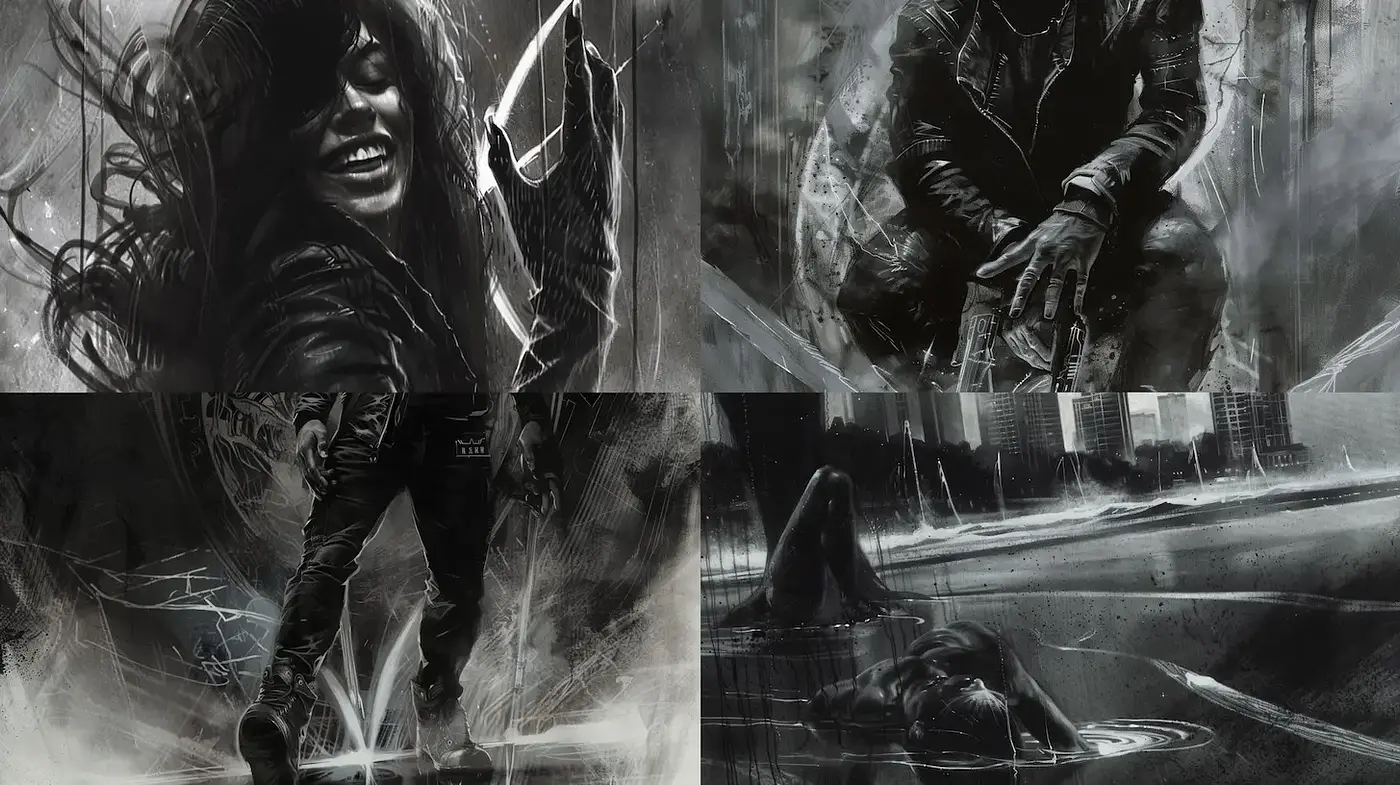 Dramatic monochrome art with intricate textures and a gritty mood - Midjourney sref style
