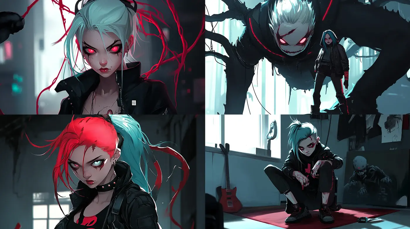 Gritty Neo-Gothic Fusion with a Crimson and Monochrome Essence - Midjourney sref style