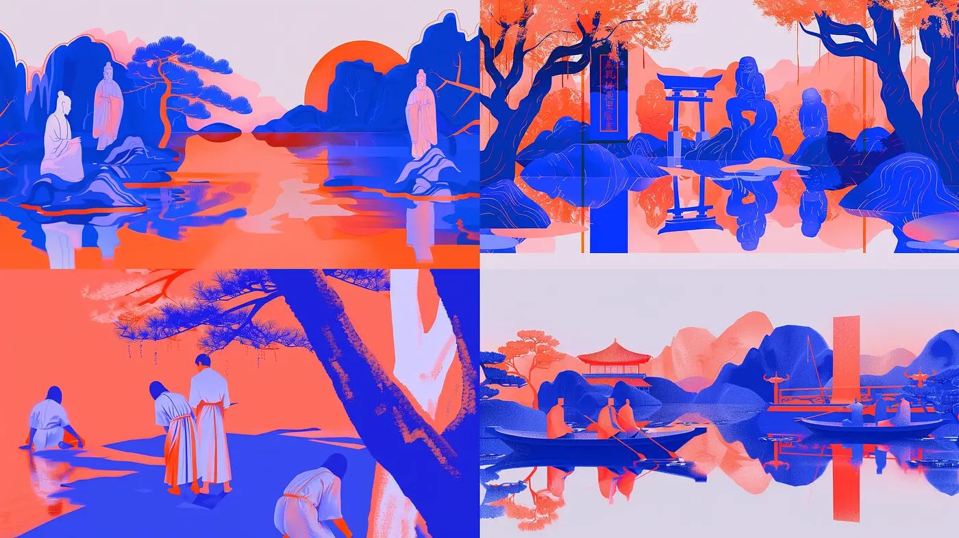 Serenity in Cerulean and Vermilion: A Harmonious Digital Fusion - Midjourney sref style