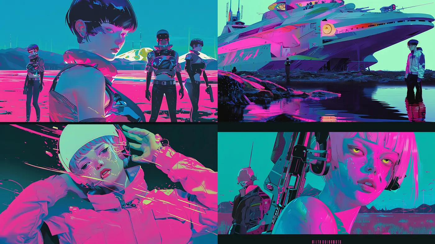 Futuristic Cyberpunk Dreamscape with a Vivid Neon Palette - Midjourney sref style
