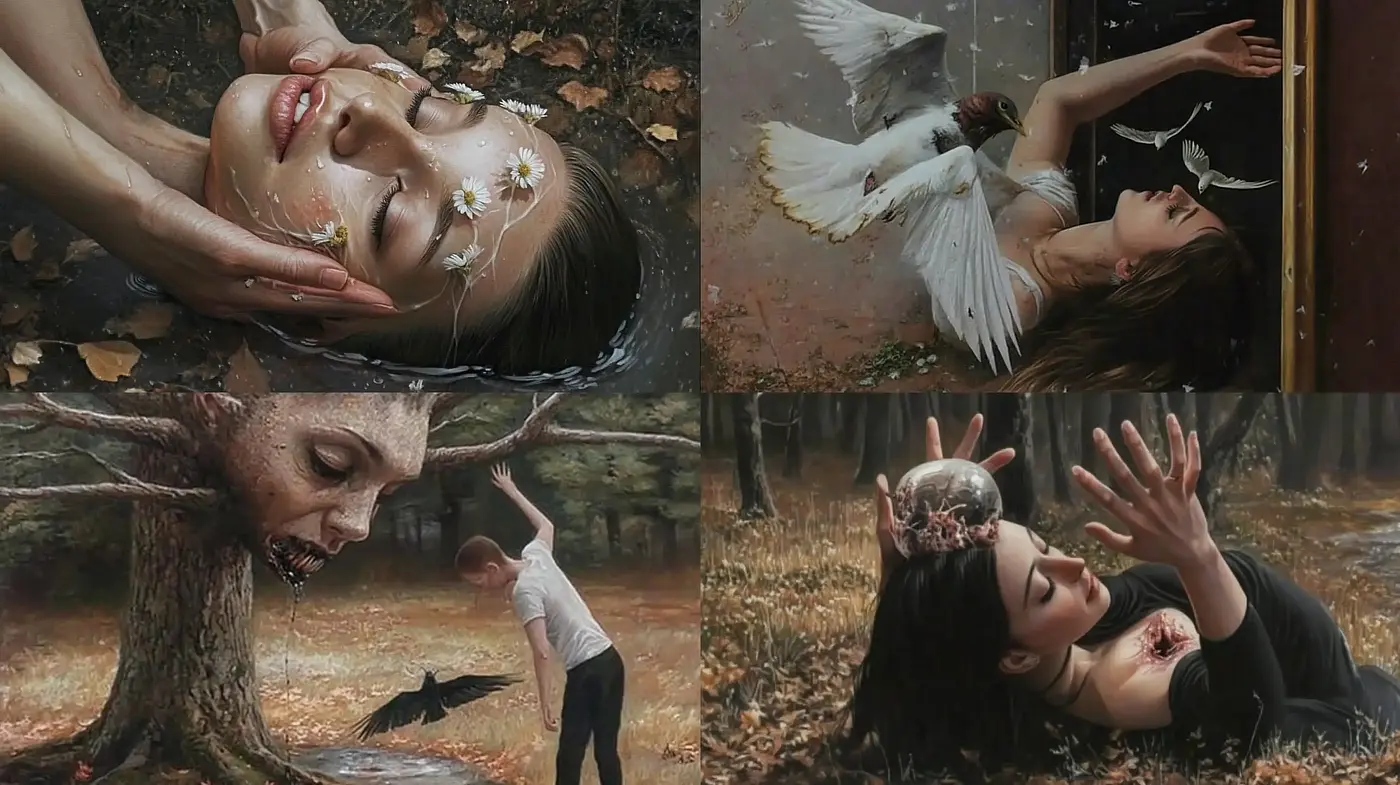 Sombre Tones in Surrealist Nature: An Autumnal Fantasy Blending Human and Environmental Aesthetics - Midjourney sref style