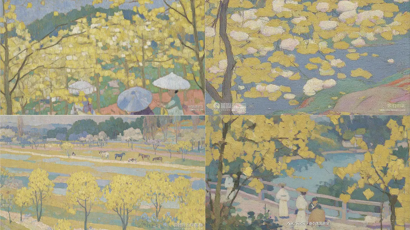 Lush Yellow Landscapes Influenced by Impressionist Techniques and Harmony - Midjourney sref style