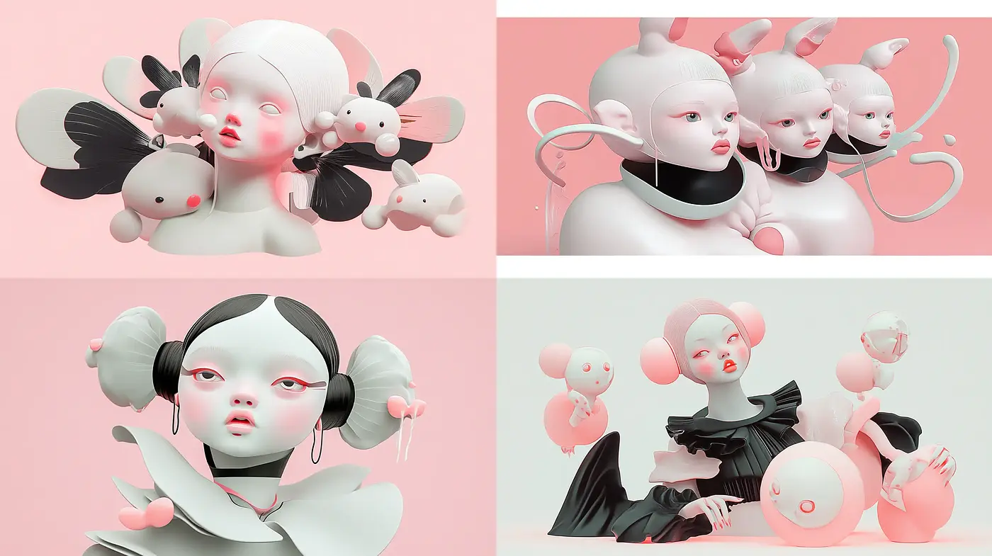 Ethereal Porcelain: A Surreal Blend of Contemporary 3D Art and Pastel Dreamscapes - Midjourney sref style