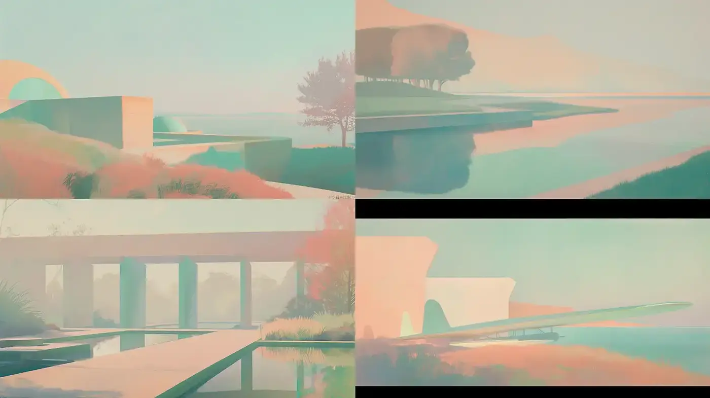Serene and Ethereal Architectural Landscapes in Muted Hues - Midjourney sref style