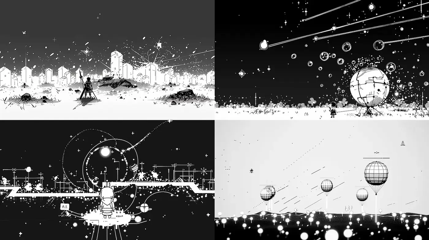 Monochromatic Futuristic Landscapes with Abstract Elements - Midjourney sref style