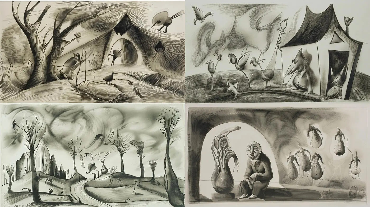Whimsical Monochrome Dreamscapes: A Journey Through Surrealist Brush Strokes - Midjourney sref style
