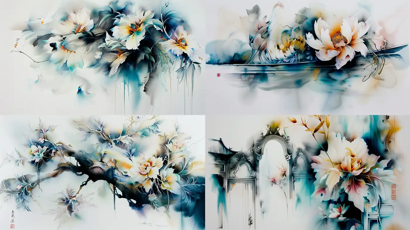 Ethereal Watercolor Botanicals with East Asian Aesthetic - Midjourney sref style