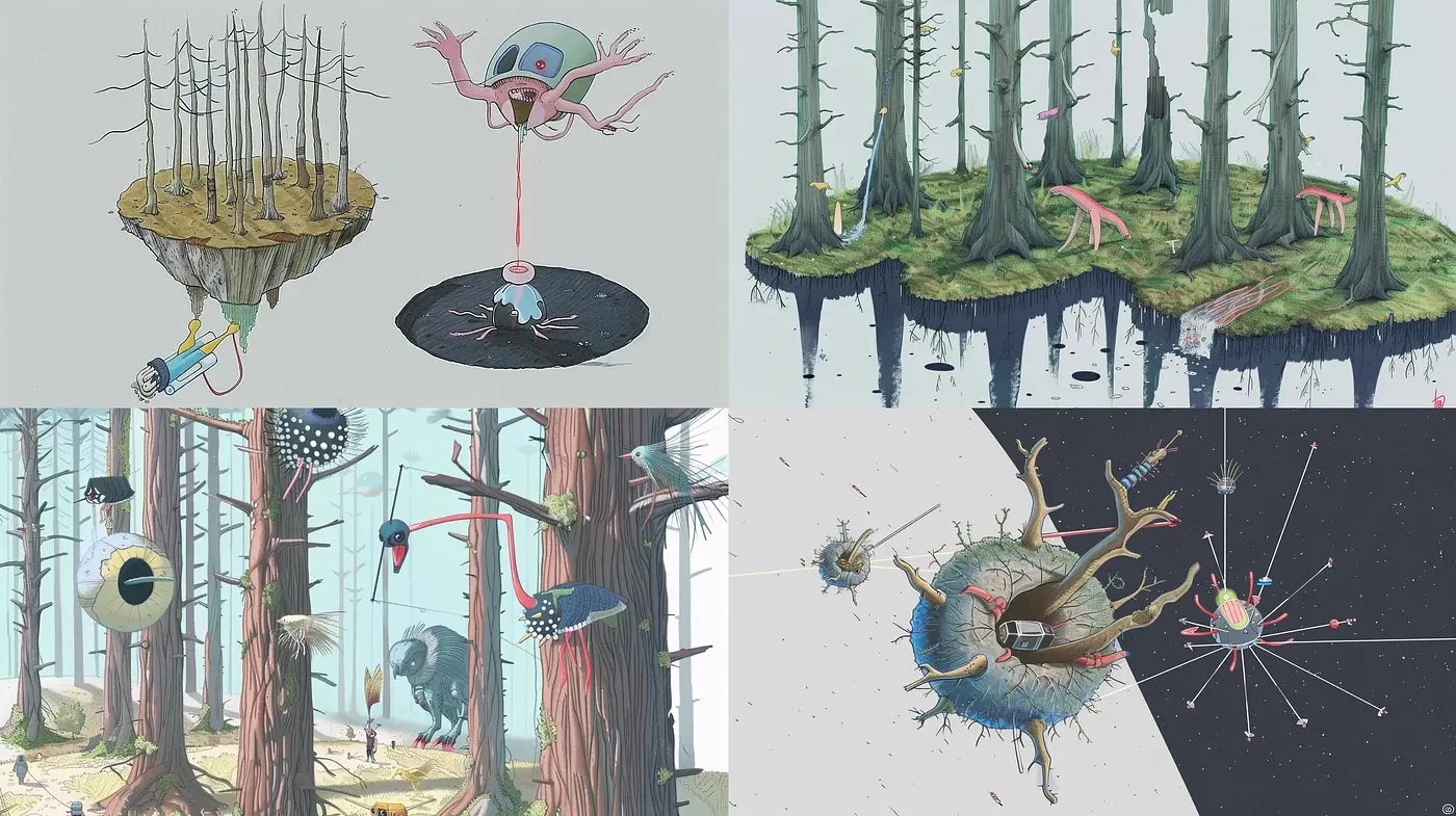 Surreal Arboreal Dreamscapes with a Retro-Futuristic Essence - Midjourney sref style