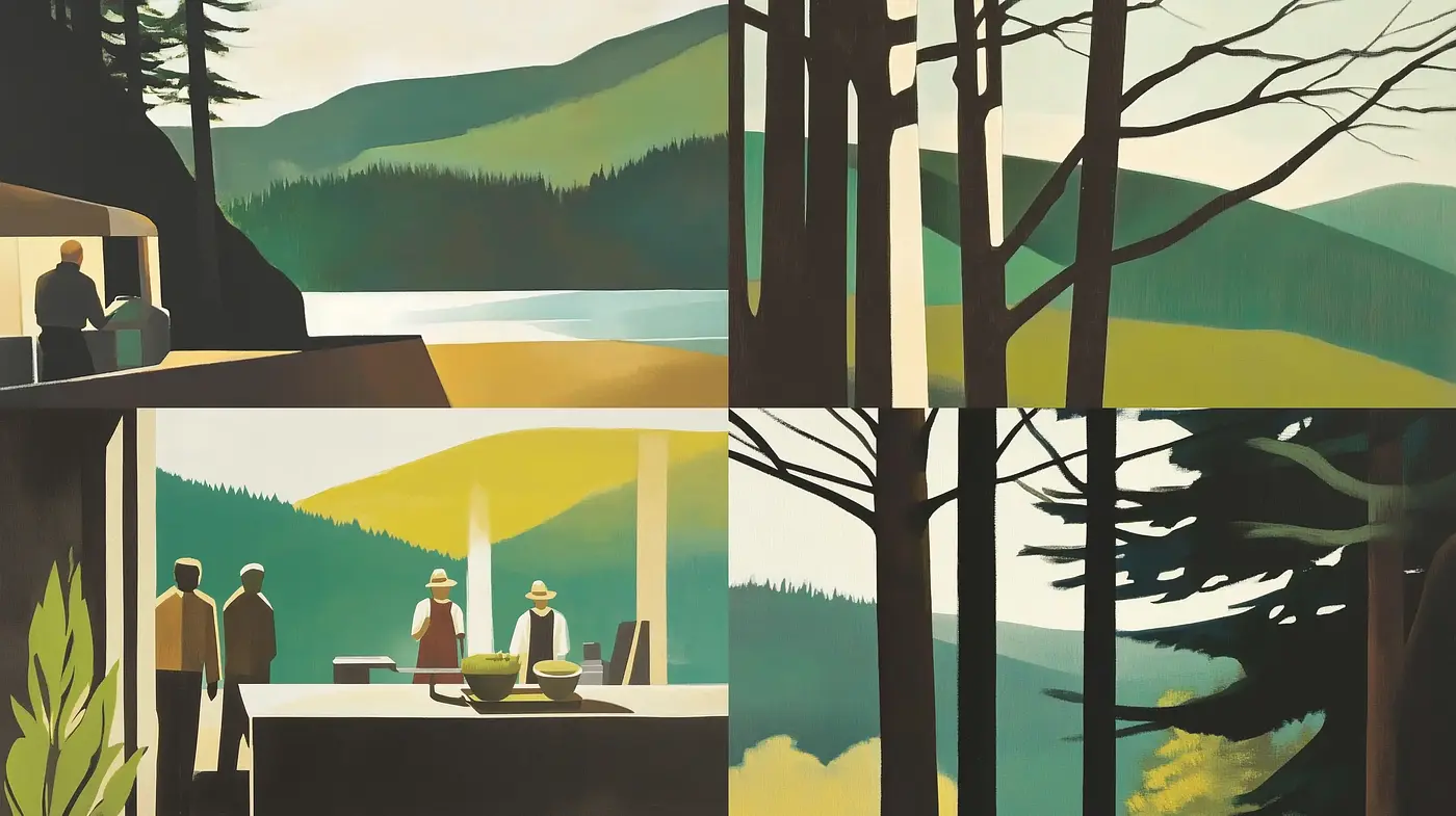 Serene Mid-Century Modern Landscape Interpretations - Midjourney sref style