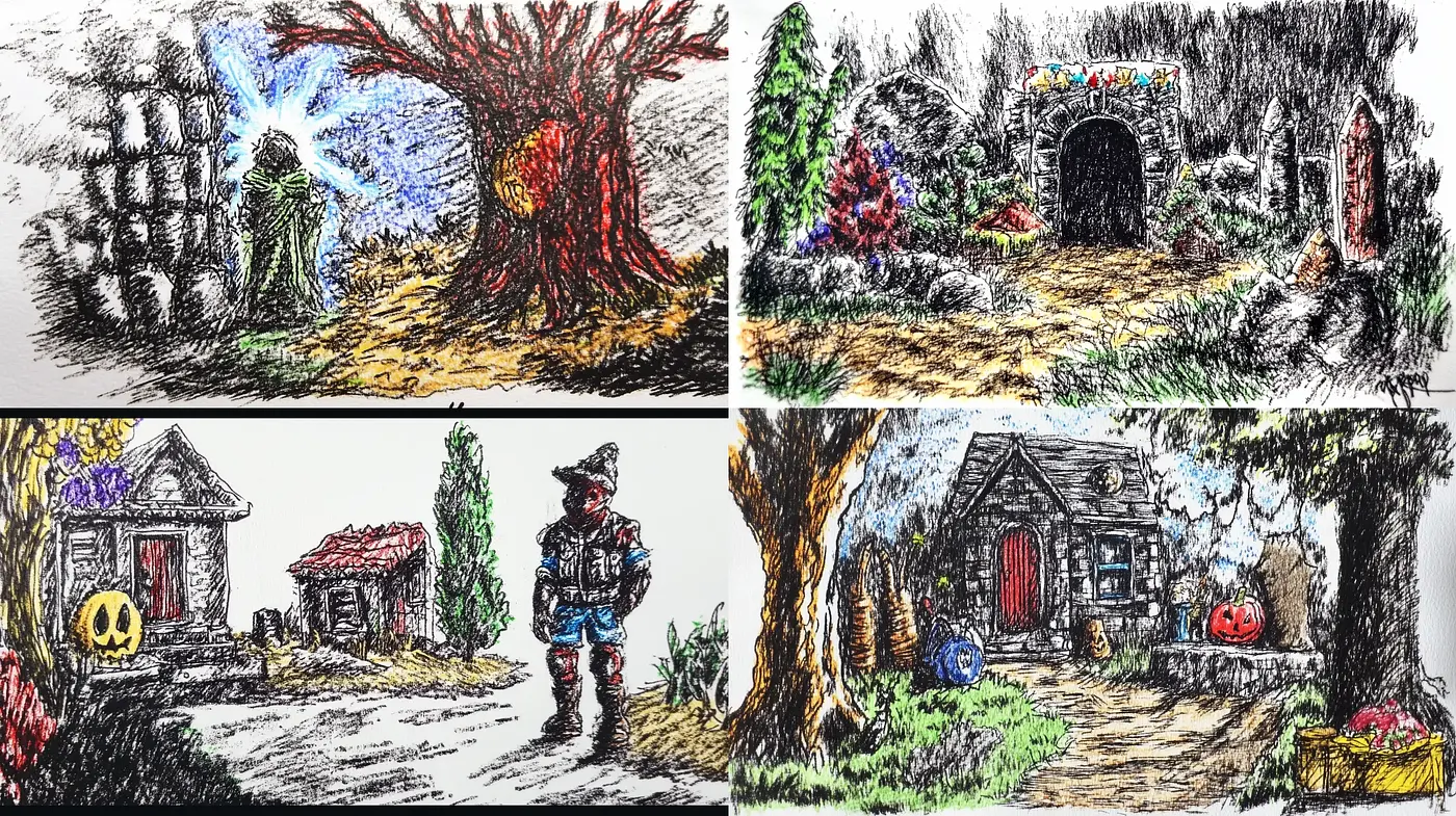 Crosshatched Storybook Illustration Ensemble - Midjourney sref style