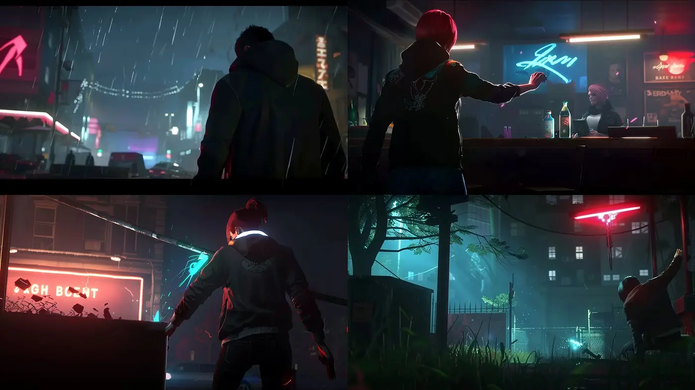 Neon Noir Nightscape: A Luminous Dance of Color in Urban Shadows - Midjourney sref style