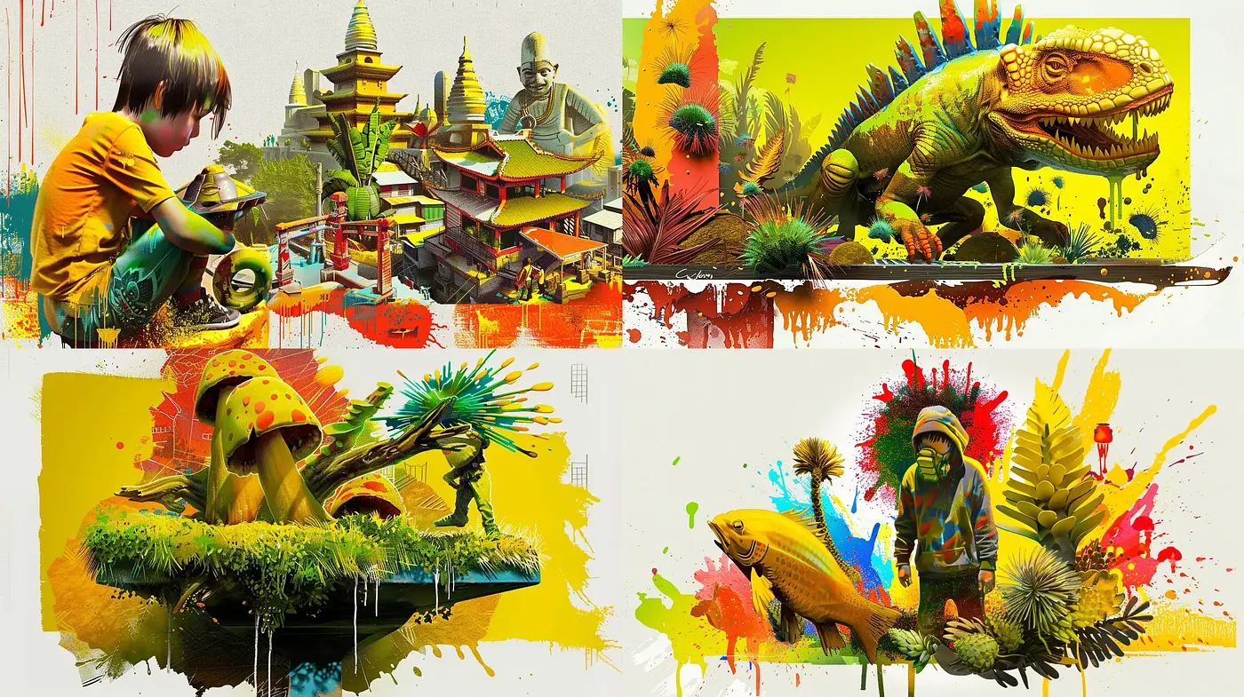 Vibrant Splashed Collage Art with Surrealist Elements - Midjourney sref style