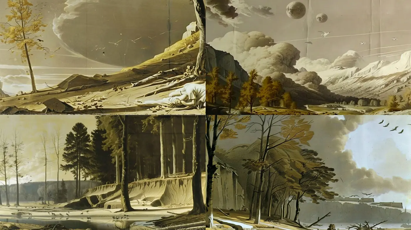 Sepia-toned Vistas of Imagined Worlds: A Consistent Homage to Historic Landscapes - Midjourney sref style