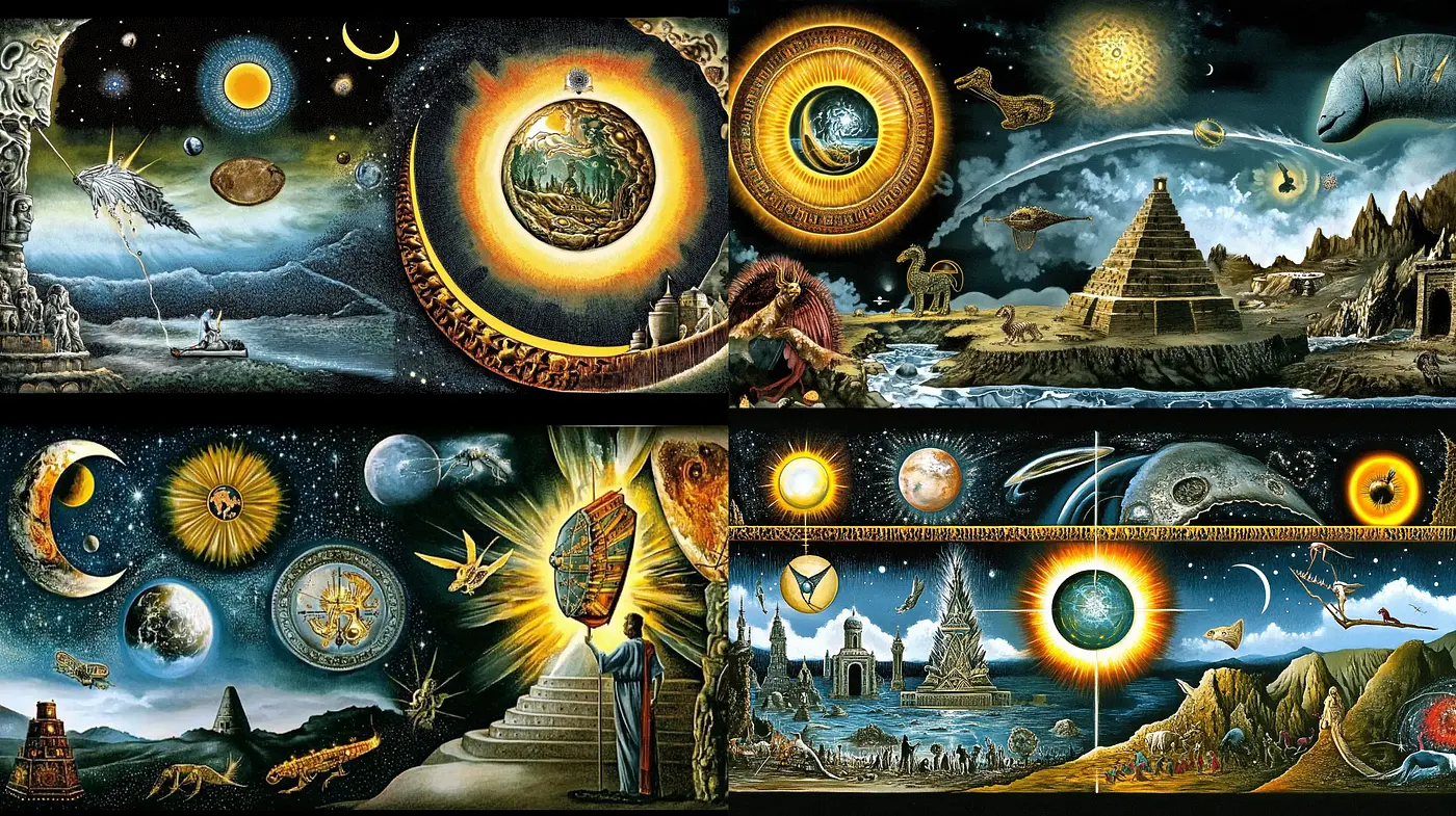 Cosmic Tapestry: A Surrealist Odyssey in Gold and Midnight Blue - Midjourney sref style