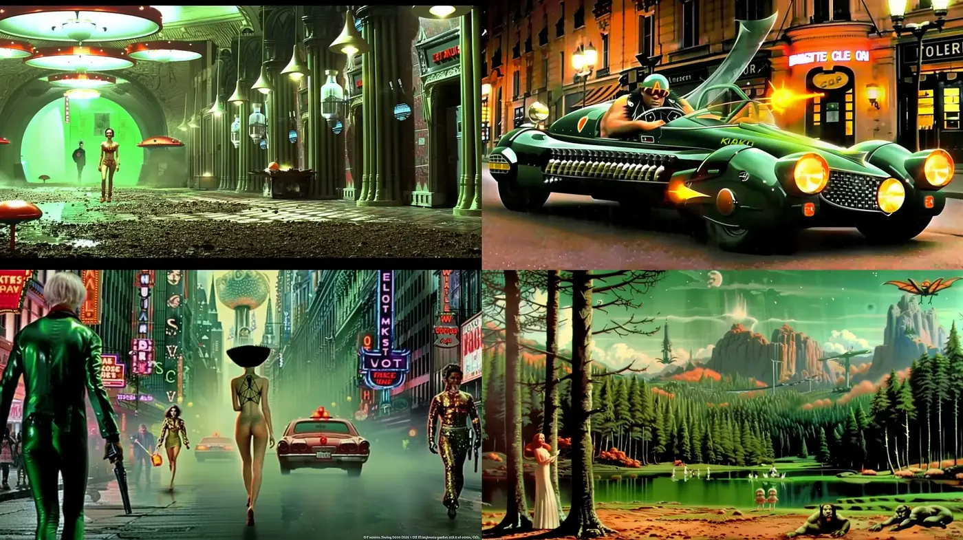 Neo-nostalgic Futurism with Lush Chromatic Visions - Midjourney sref style