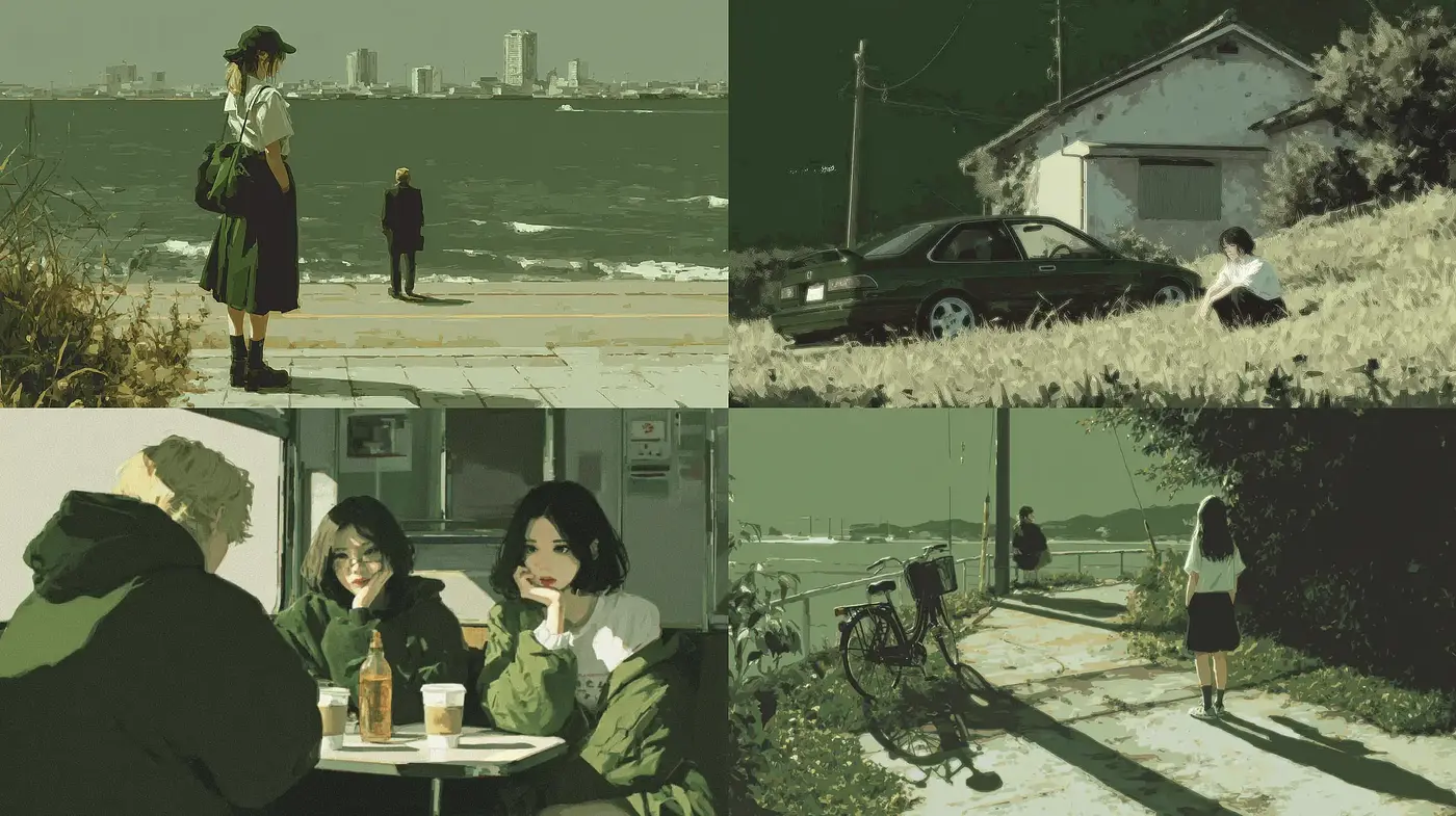 Serene and Reflective Urban Vignettes with a Distinct Color Palette - Midjourney sref style