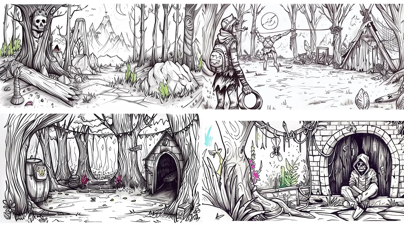 Enchanted Monochrome Fairy Tale Sketches - Midjourney sref style