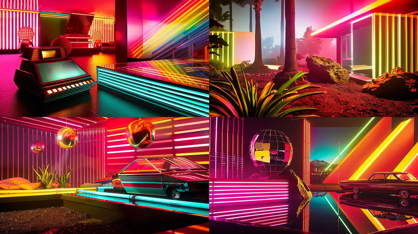Neon Retrofuturism with Vibrant Sunset Palette - Midjourney sref style