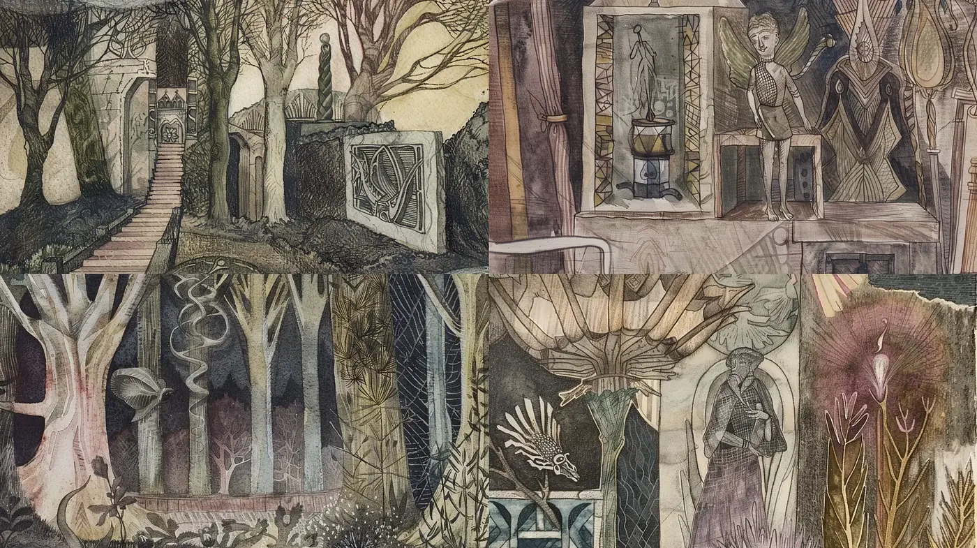 Whimsical Enigmatic Illustrations in a Storybook Tapestry - Midjourney sref style