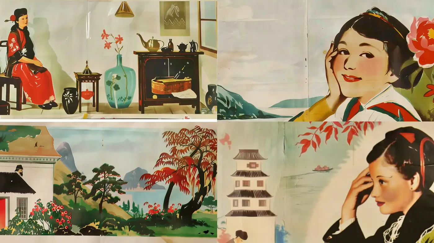 Serenely Stylized Vintage Eastern Vignettes with a Whimsical Touch - Midjourney sref style