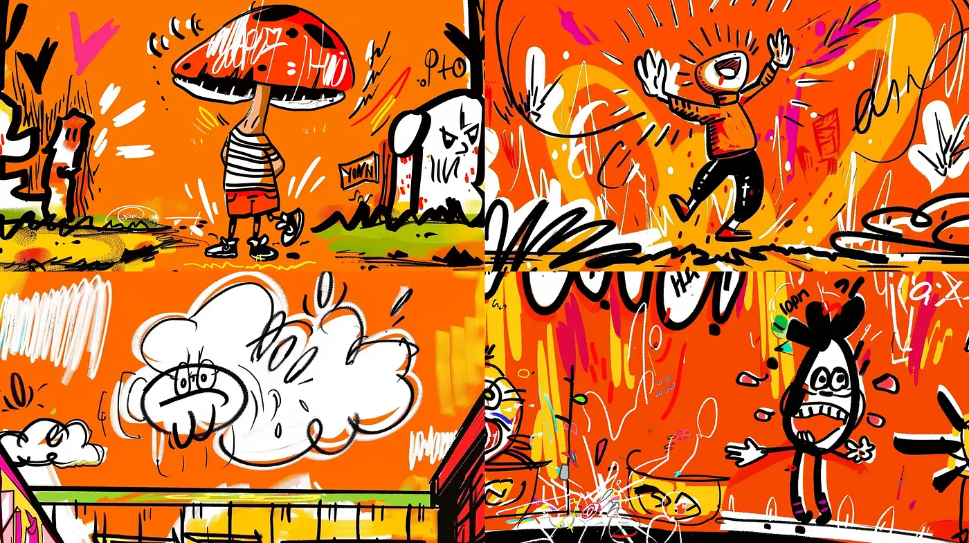 Energetic Scribble Frenzy with a Vibrant Cartoonish Flair - Midjourney sref style