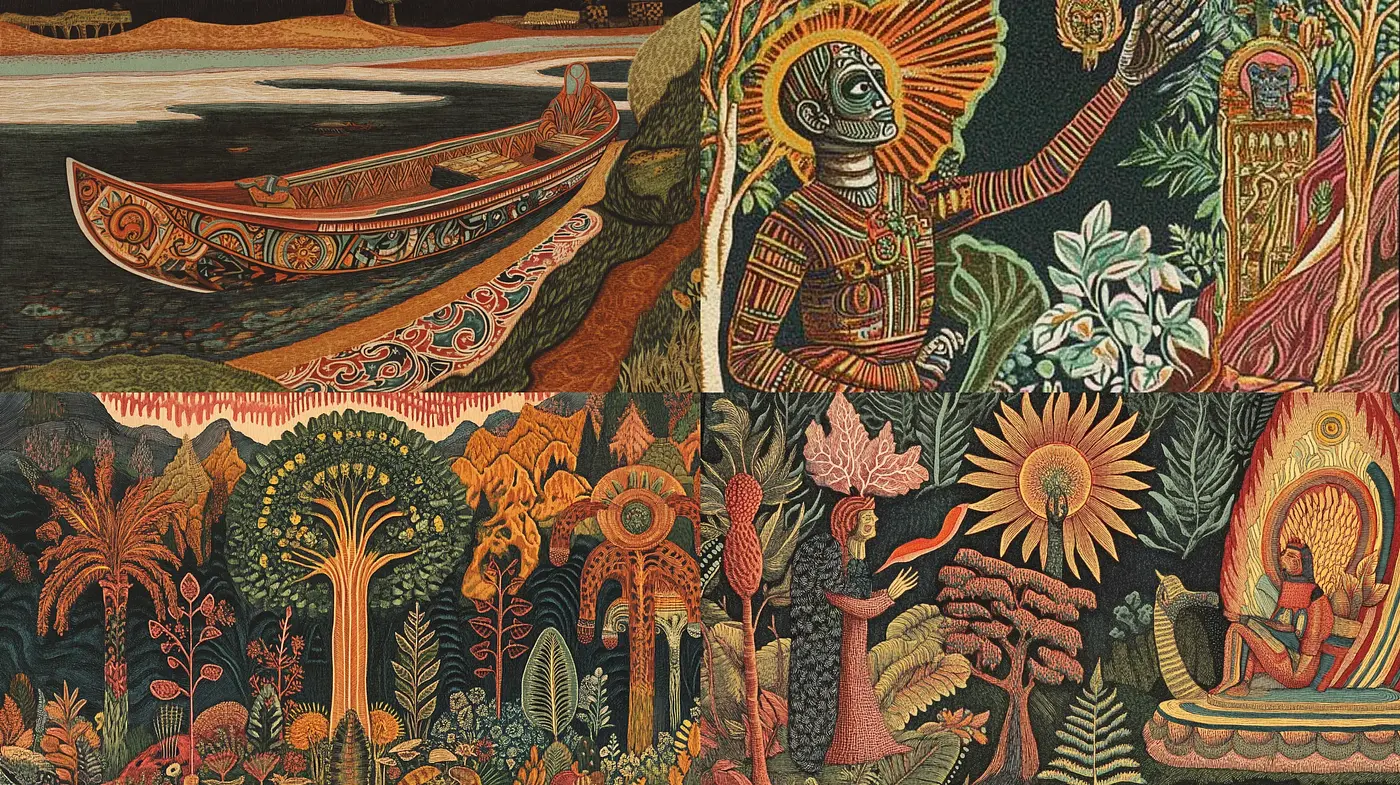 Mythos Tapestry: A Rich Fusion of Folklore and Nature in Textured Hues - Midjourney sref style