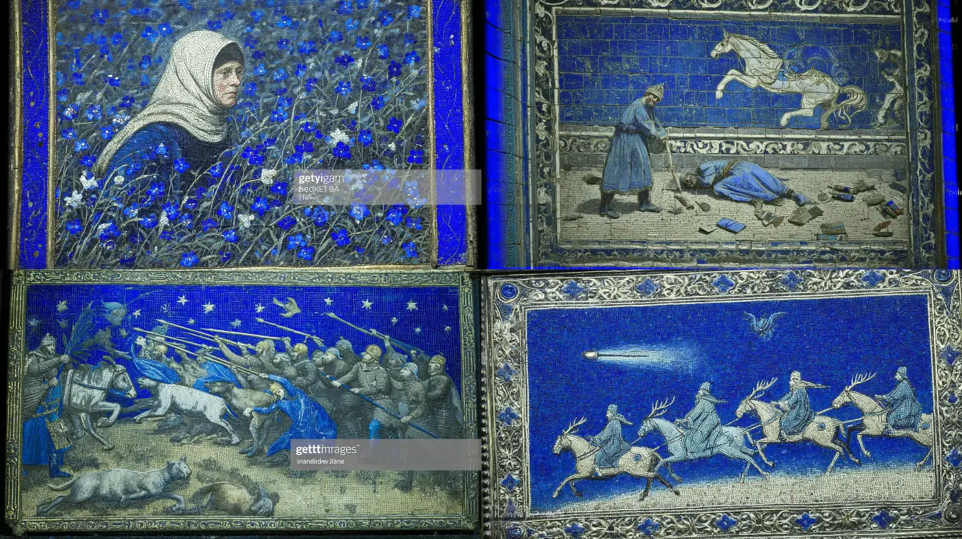 Nostalgic medieval imagery infused with vibrant blues and intricate details - Midjourney sref style