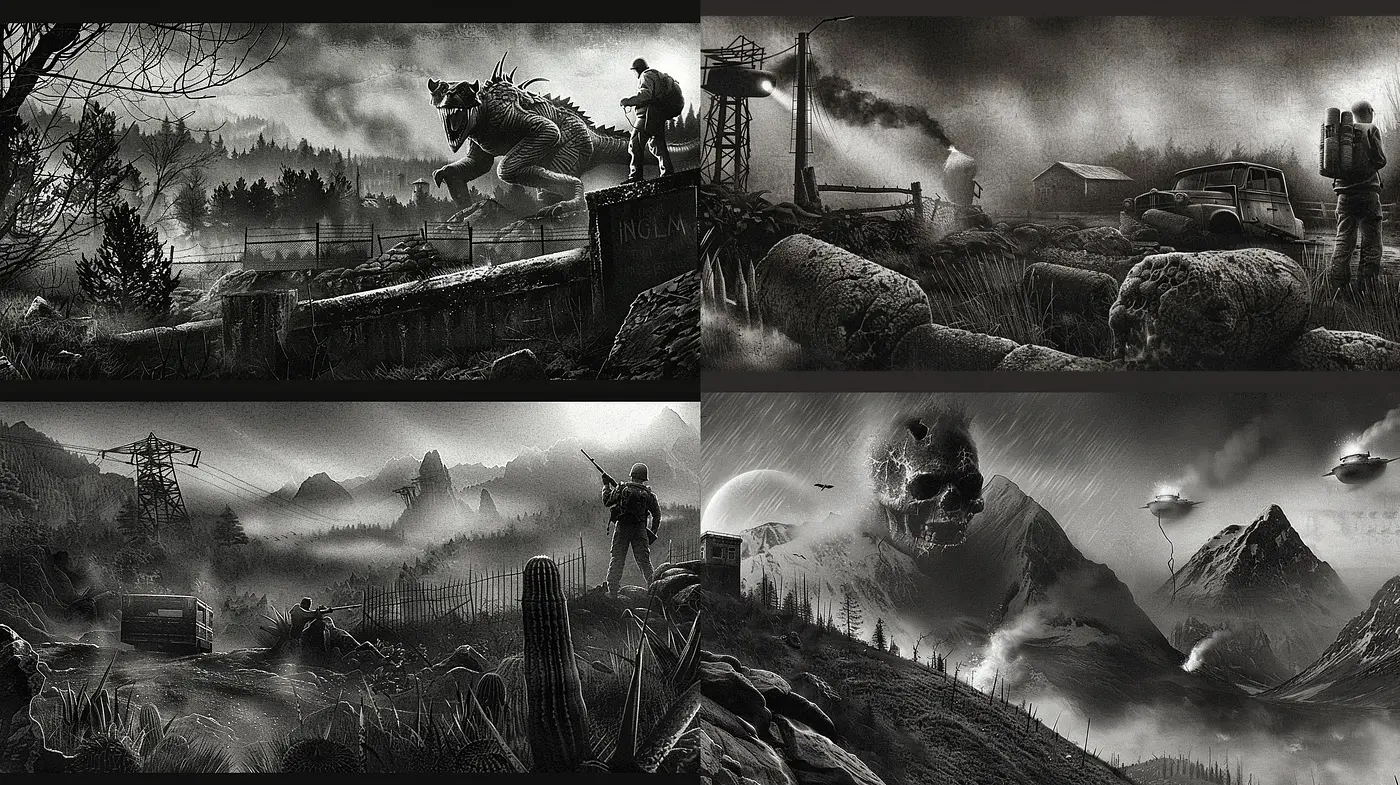 Monochromatic Dreamscape: An Ode to Surrealism and Cinematic Grandeur - Midjourney sref style