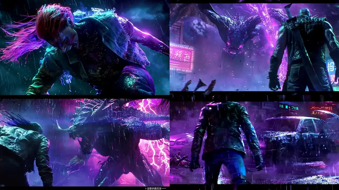 Futuristic cyberpunk with dramatic neon aesthetics and tension - Midjourney sref style