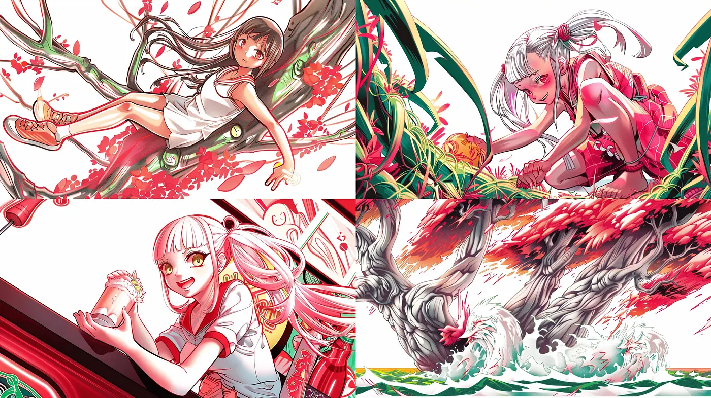 Vibrant Dreamscape Fusion: An Intertwining of Anime Elegance and Surreal Vistas - Midjourney sref style