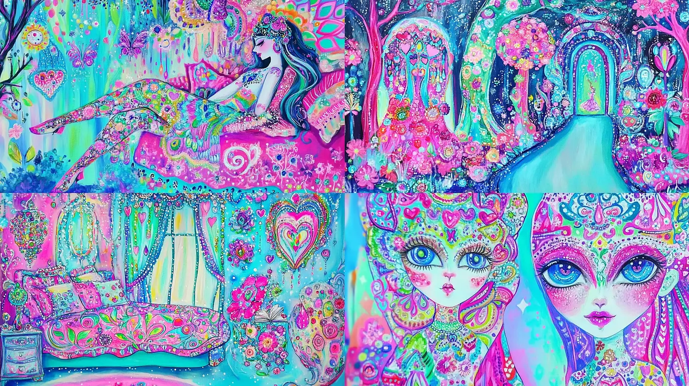 Psychedelic Dreamscapes with Whimsical Flourishes - Midjourney sref style