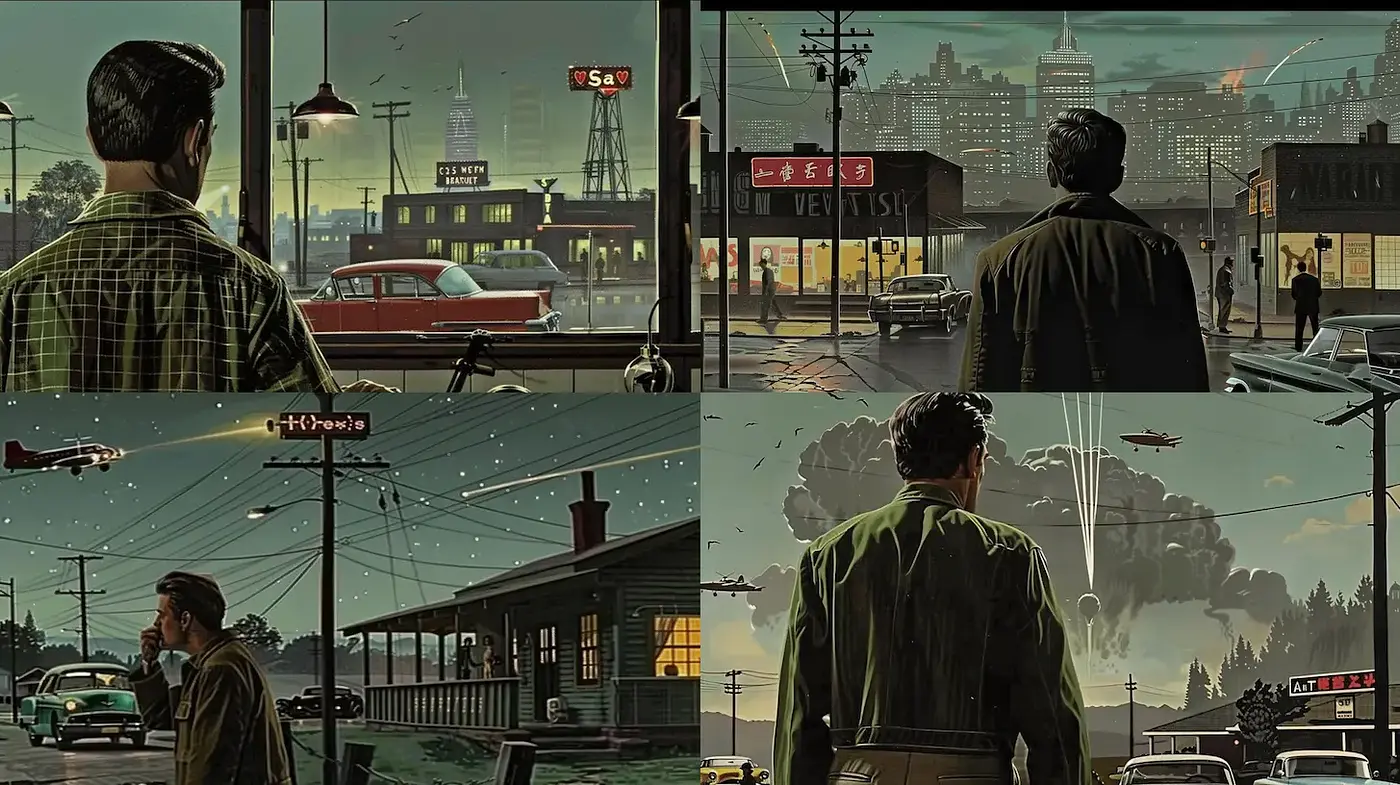 Midcentury Modern Urban Realism with a Cinematic Edge - Midjourney sref style