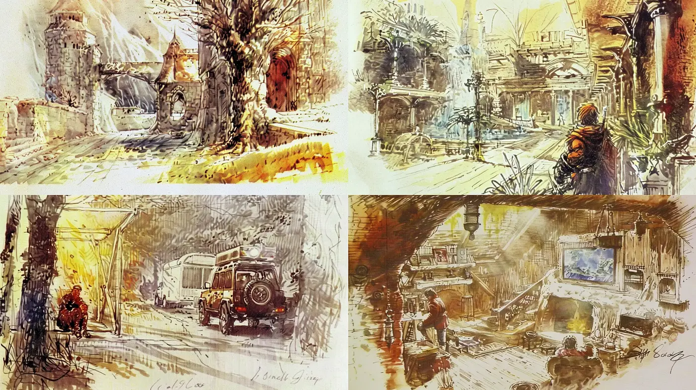 Evocative Brushwork Harmony in Sepia Vignettes - Midjourney sref style