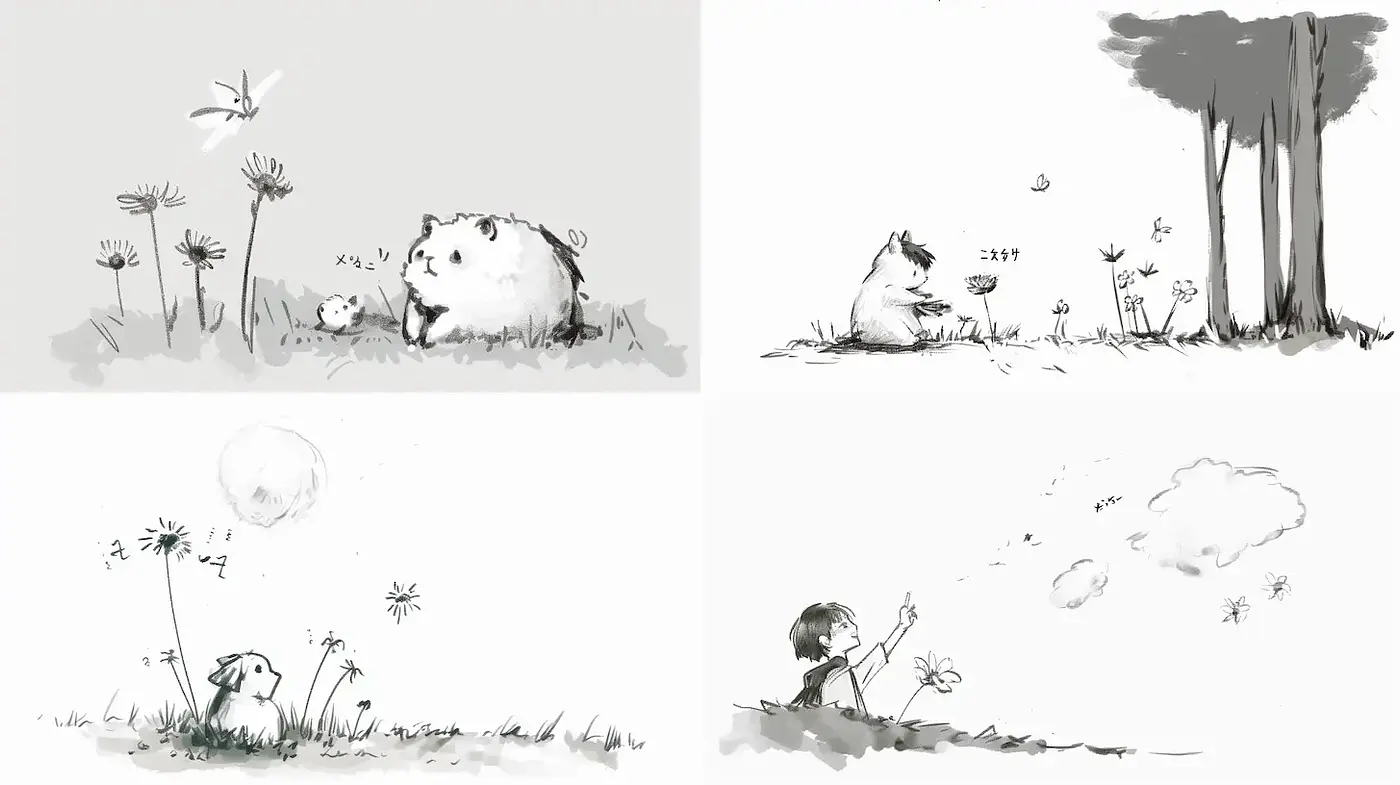 Whimsical Ink Illustrations with a Playful, Serene Atmosphere - Midjourney sref style