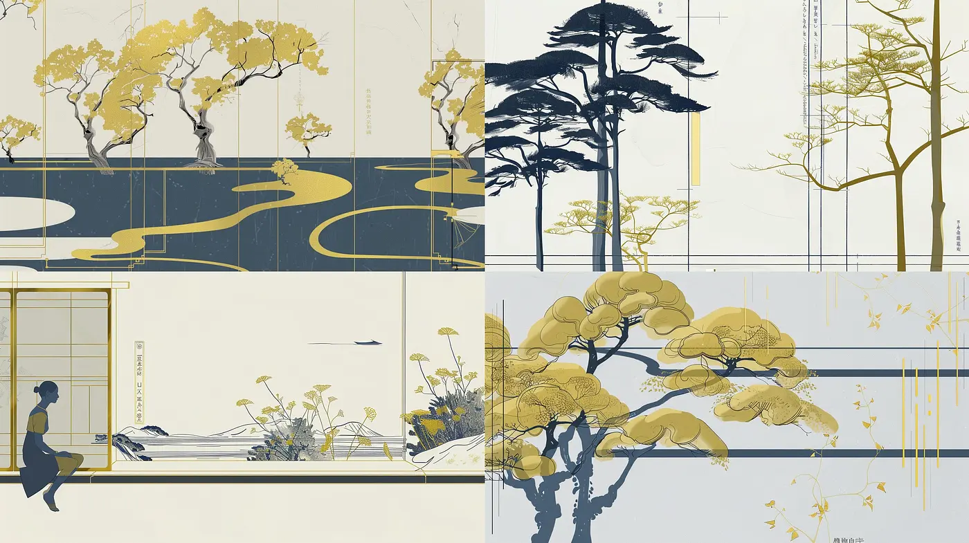 Serene Oriental Minimalism with a Harmonious Blue and Mustard Palette - Midjourney sref style