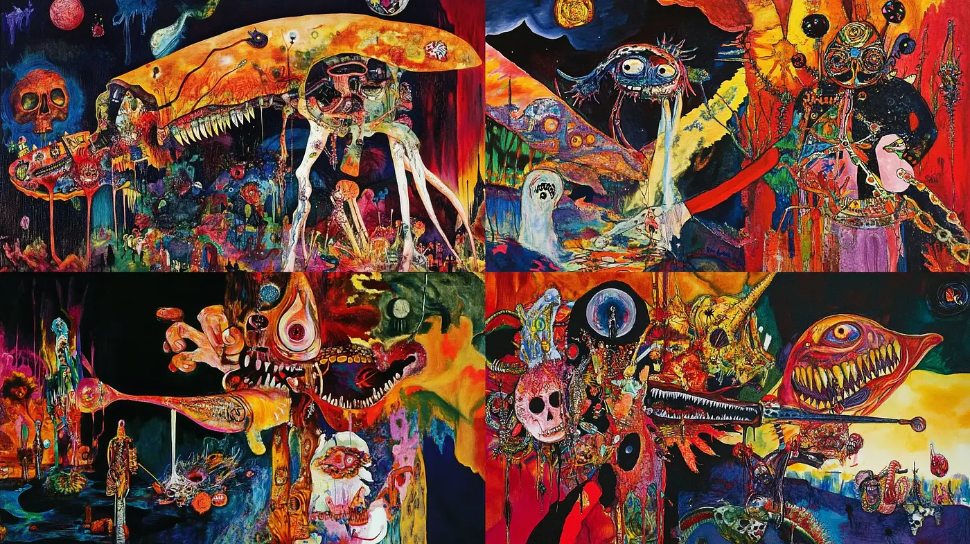 Psychedelic Phantasmagoria: A Vivid Celebration of Surrealist Dreams - Midjourney sref style