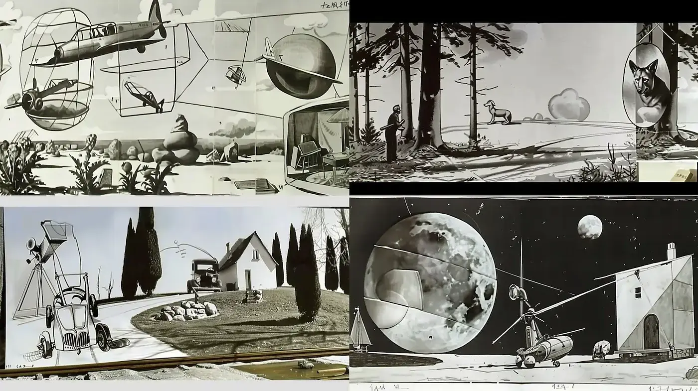 Surrealist Landscapes with Retro Futurism and Whimsical Elements - Midjourney sref style
