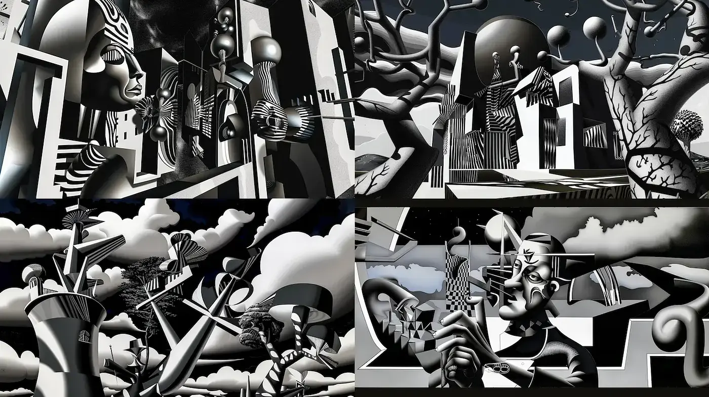 Monochromatic Surrealist Composition with Geometric Forms - Midjourney sref style
