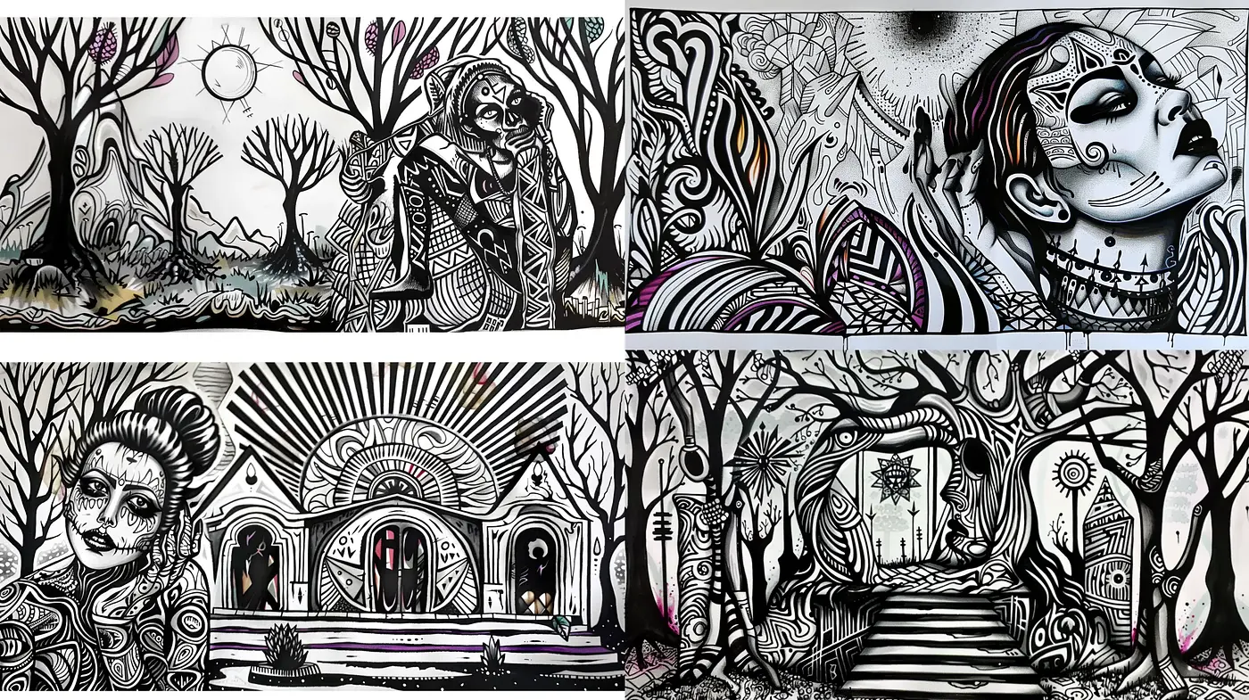Whimsical Monochromatic Dreamscape in Pen and Ink - Midjourney sref style