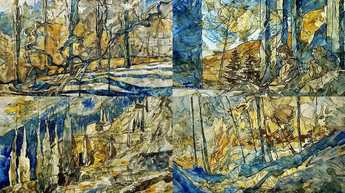 Abstract Watercolor Labyrinth: An Exploration in Tonal Elegance and Textural Depth - Midjourney sref style
