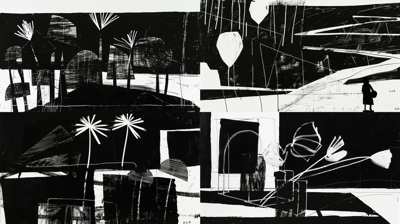 Stylized abstraction with contrasting monochrome elements and organic motifs - Midjourney sref style