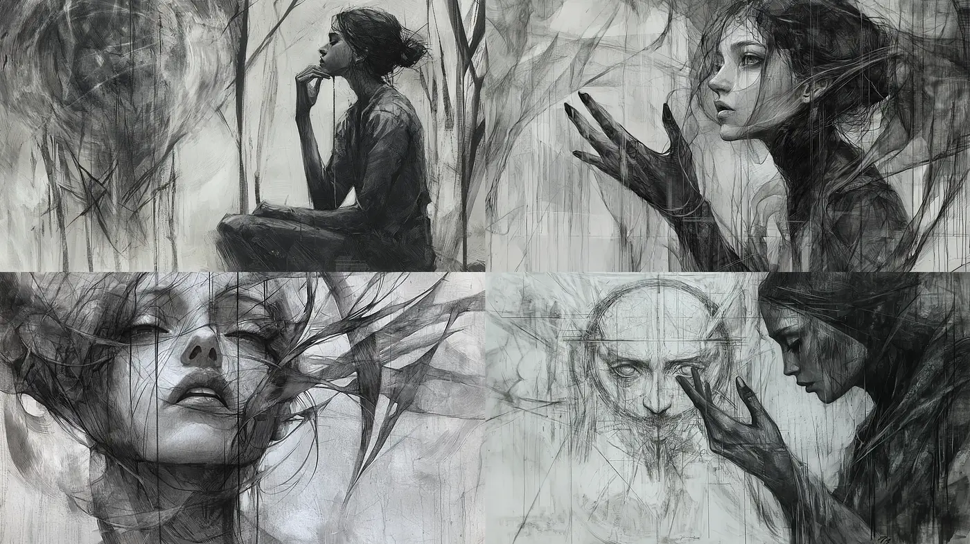 Ethereal Monochrome Sketches with Surreal Overtones - Midjourney sref style