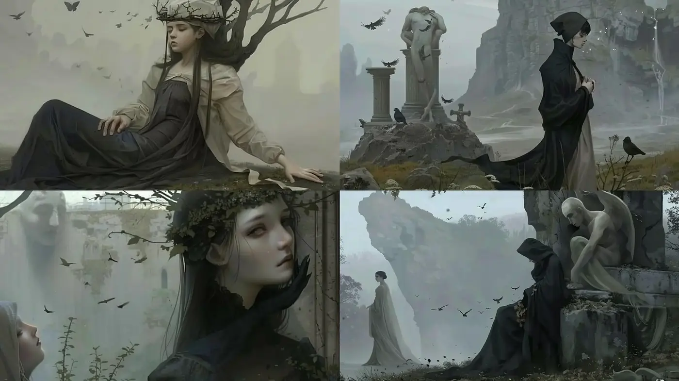 Ethereal Gothic Elegance: A Serene Meditation on Melancholy and Grace - Midjourney sref style