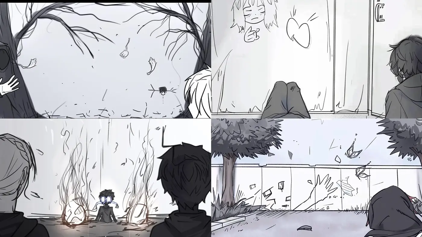 Monochromatic narrative illustration sequence with graphic novel undertones - Midjourney sref style