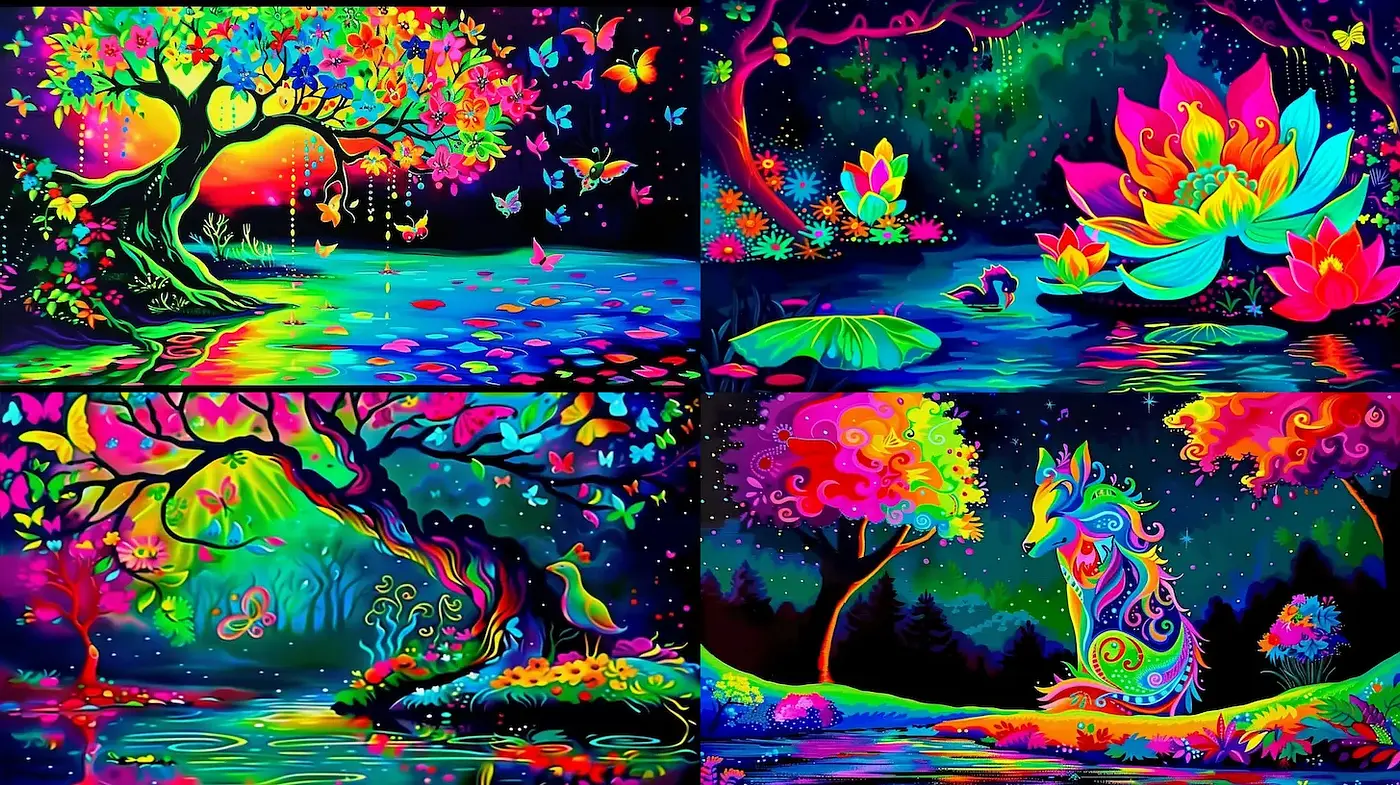 Vivid and Dreamlike Fantasy Landscape Art with Neon Hues - Midjourney sref style