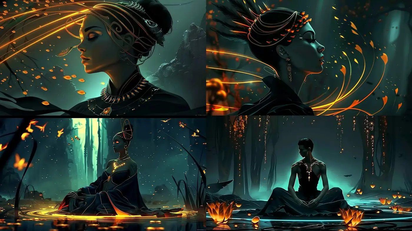 Mystical Nocturnal Elegance: A Symphony of Blue and Gold - Midjourney sref style
