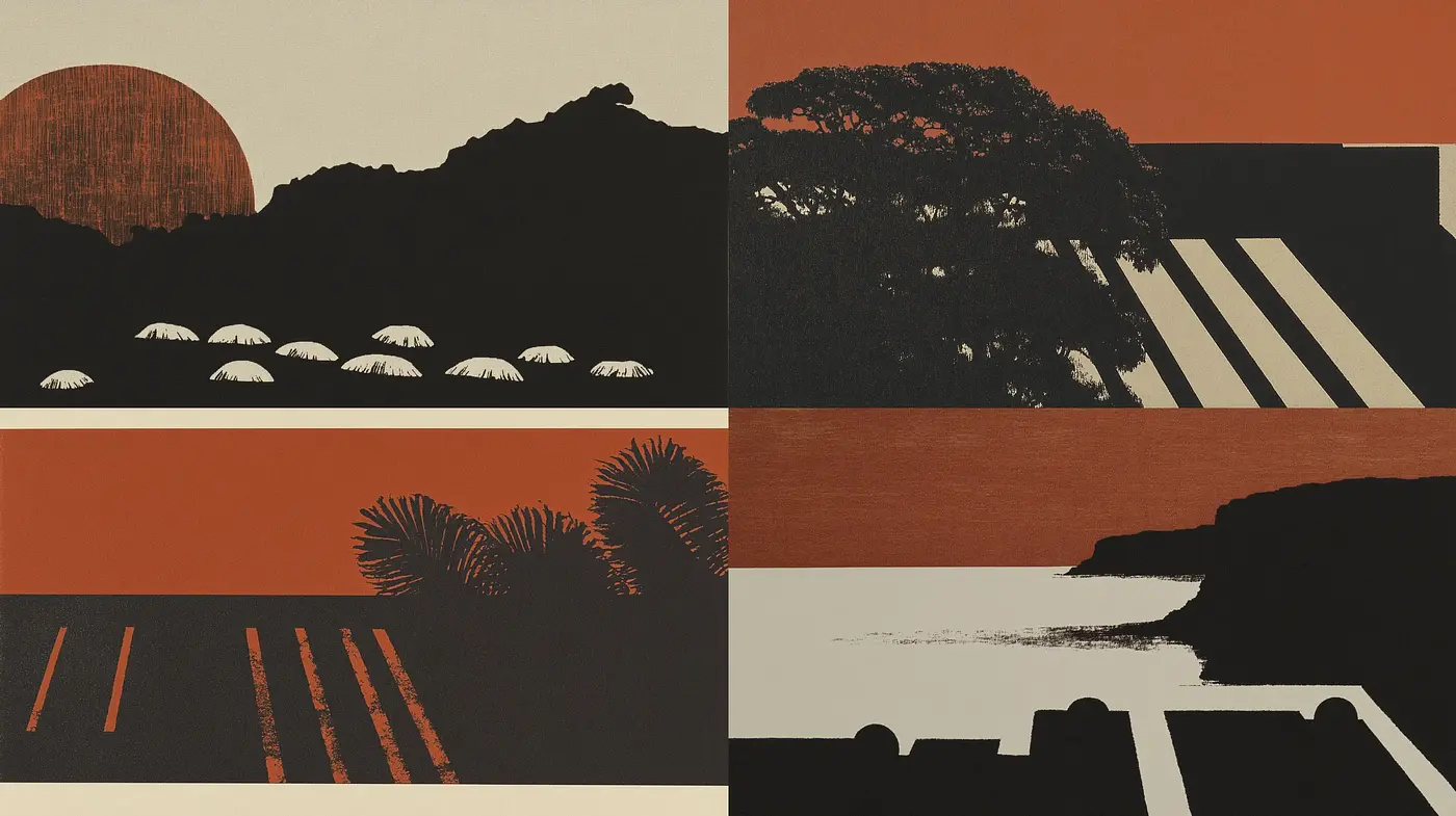 Warm Tonal Contrasts with Simplified Geometric Forms - Midjourney sref style