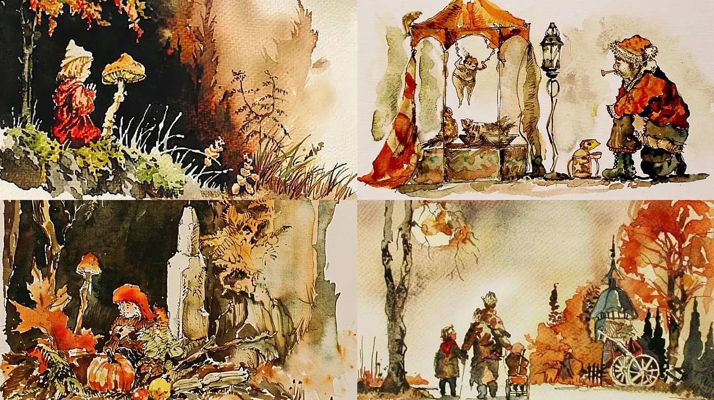 Autumnal Watercolor Whispers with a Fantastical Twist - Midjourney sref style