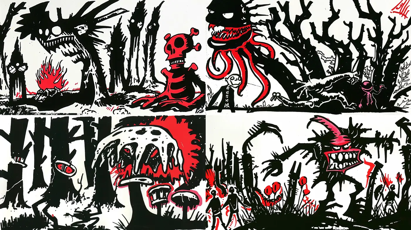 Grim Fable Narratives in Monochrome and Crimson - Midjourney sref style