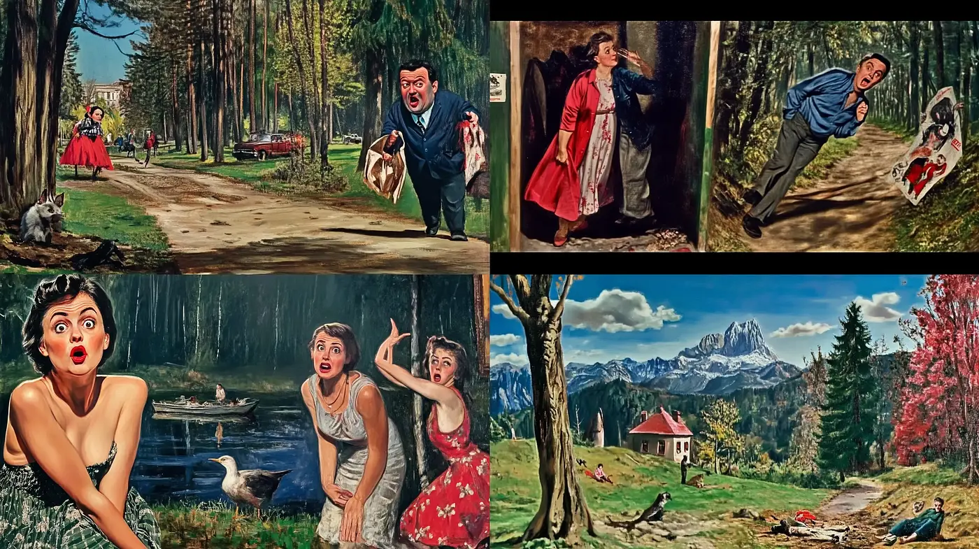 Vibrant and Comical Expressionist Narrative Scenes - Midjourney sref style
